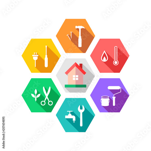 Maintenance and facility management concept with house and work tools around it. Colorful flat design with long shadow in hexagon shape.