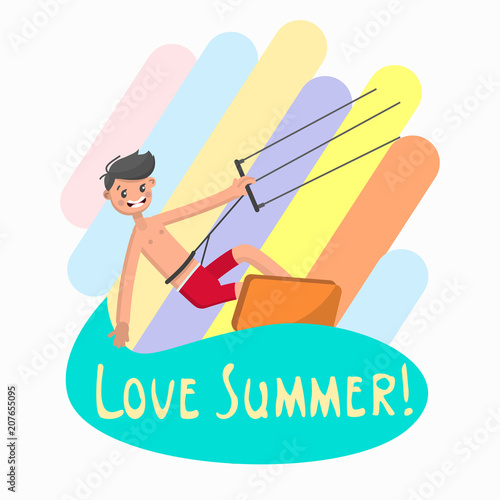 Kitesurfing man flat character. Color vector illustration