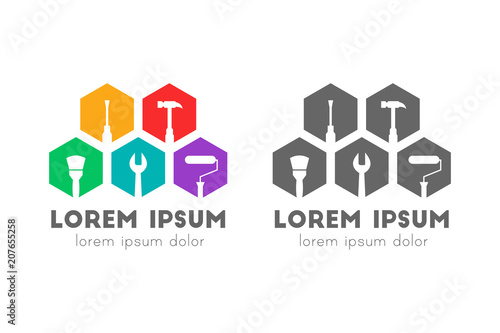 Repair and maintenance logo concept with tools in flat design