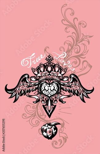 Vector illustration of winged heart, crown and apple. Hand drawn retro tattoo flying heart