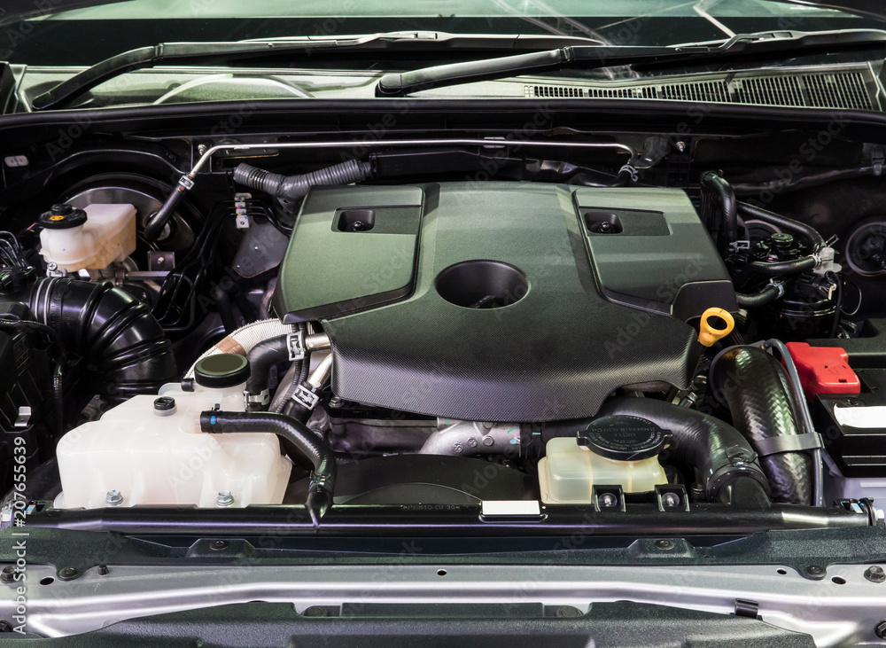 Closeup of the new engine in the modern diesel car. Closeup of the new engine in the modern diesel car.