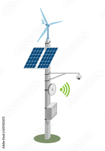 transmission tower with satellite dish, CCTV camera, windmill, solar panel and line distributor