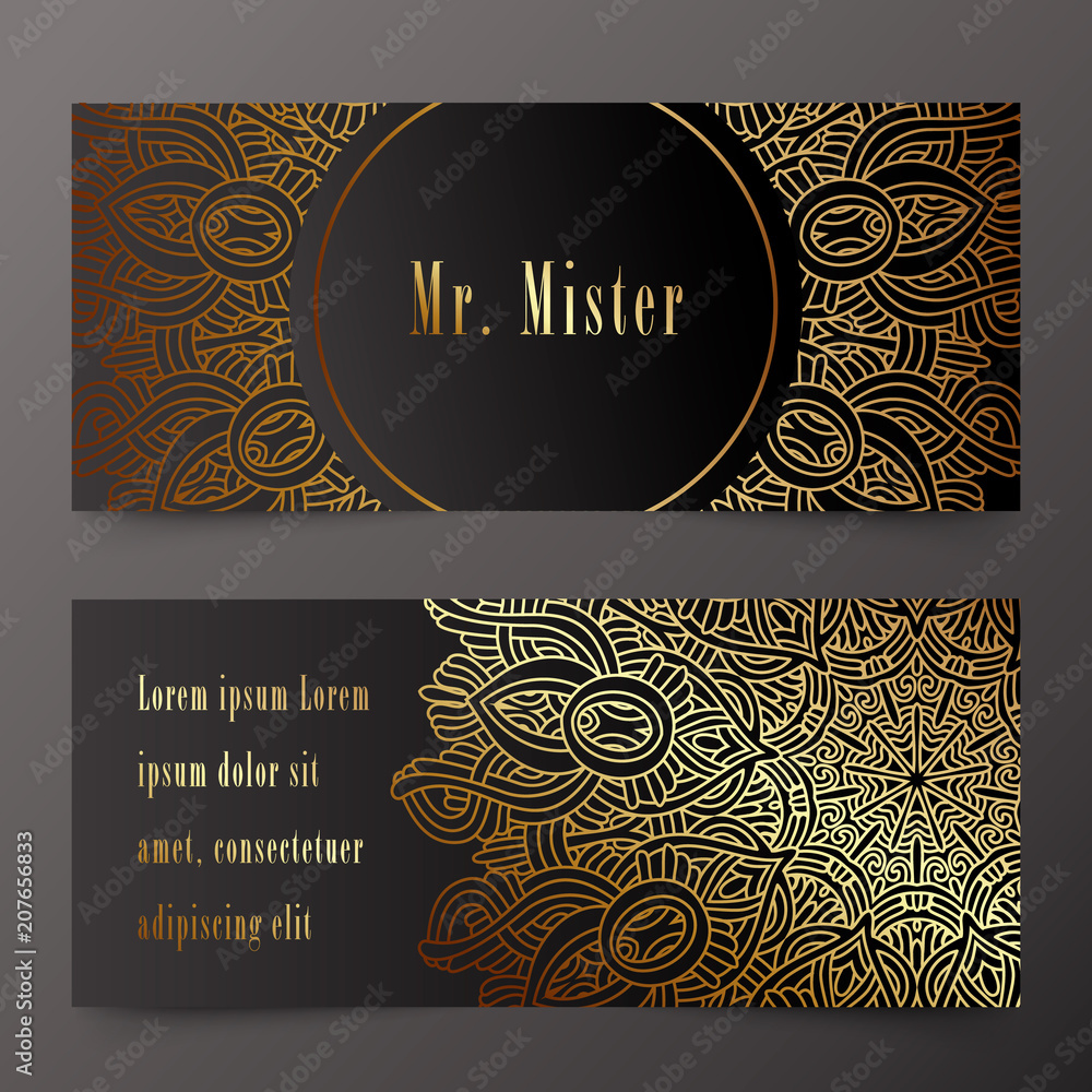 Vector business card with gold decorative elements.