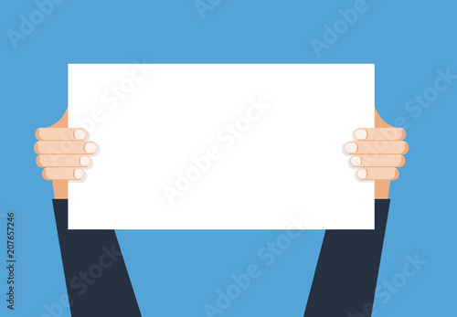 Hand holding placard.Vector flat cartoon illustration for web banners,infographic design. Empty protest sign.Propaganda poster.Announcement banner for advertising for new business