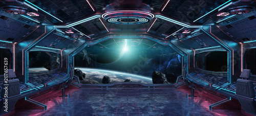 Fototapeta Naklejka Na Ścianę i Meble -  Grunge Spaceship interior with view on planet Earth 3D rendering