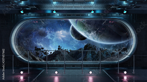 Fototapeta Naklejka Na Ścianę i Meble -  Black tech spaceship round window interior background 3D rendering