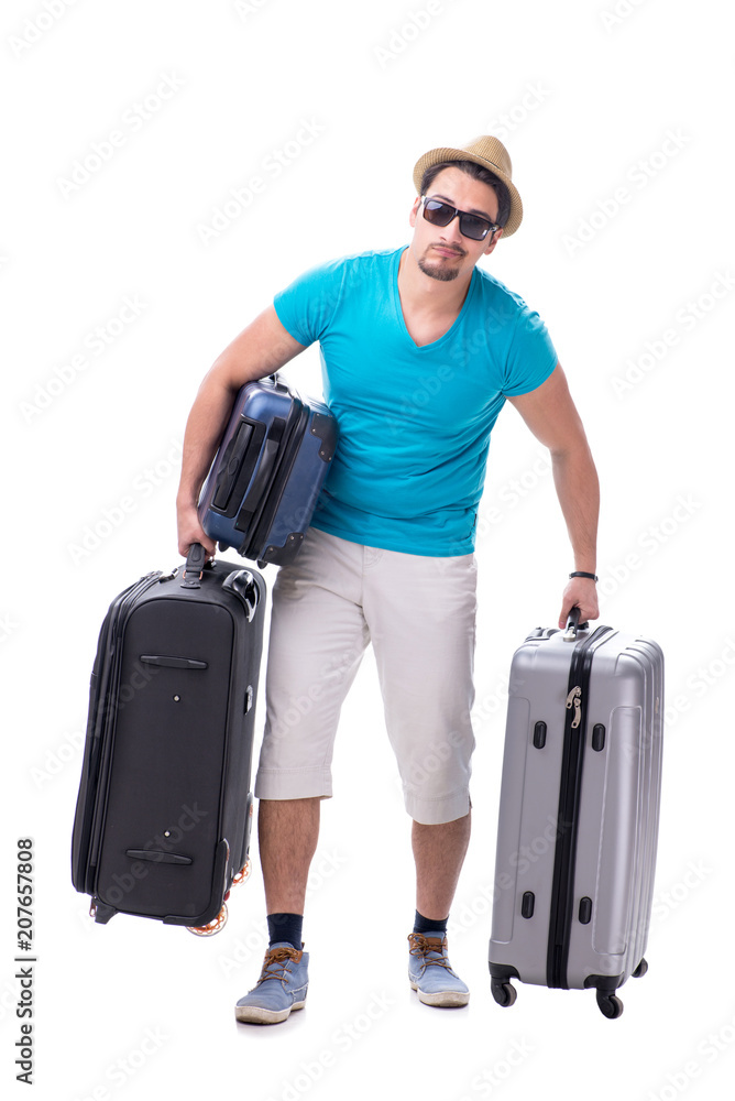 Traveler with much luggage isolated on white background Traveler with much luggage isolated on white background