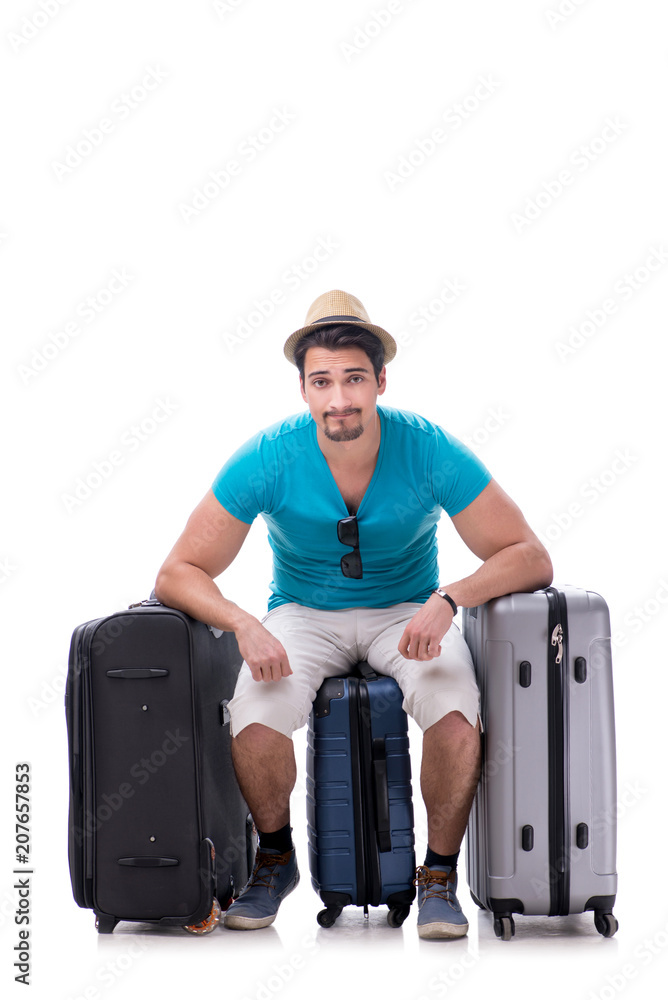 Traveler with much luggage isolated on white background Traveler with much luggage isolated on white background