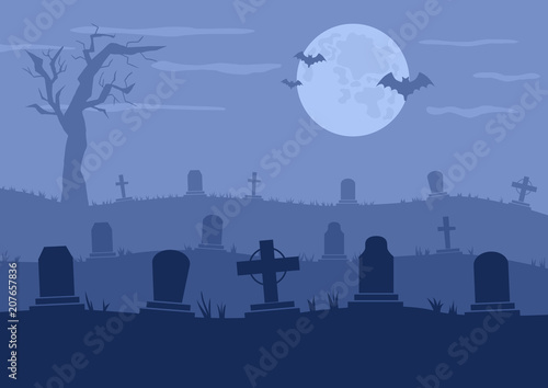Cemetery or graveyard dark background. Silhouettes of tombstones and tree. Color vector illustration for Halloween posters or banners