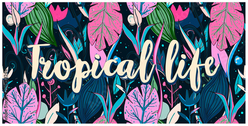 Seamless pattern tropical life, sea life, hand drawn leaves, flowers. Print colorful modern textile, jungle doodle theme, abstract sketch art. 