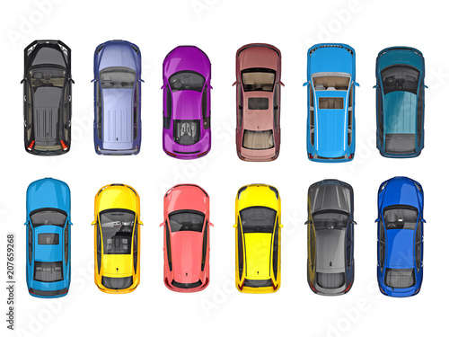 group of cars on top view isolated on white