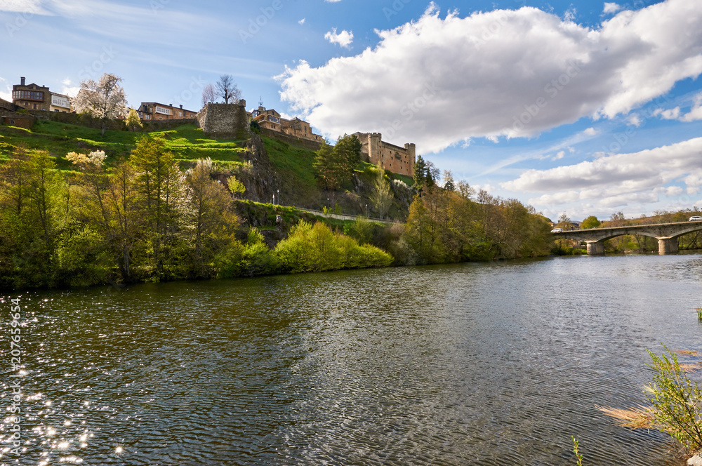 Historic town of Puebla de Sanabria from the Tera river shore Historic town of Puebla de Sanabria from the Tera river shore