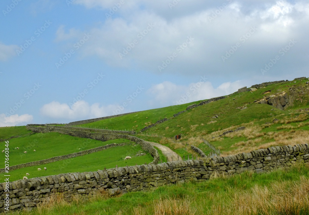 scenic view of a rough yorkshire moorland and pasture with sheep grazing in fields bordered by dry stone walls running up a steep hill with a small road running into the distance and exposed rocks