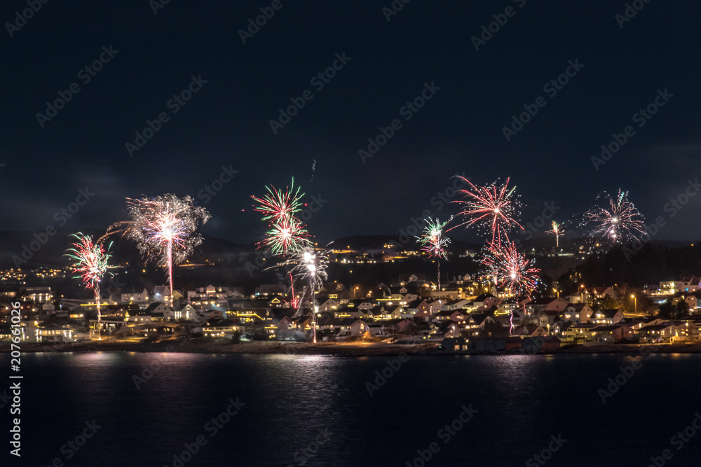 Fireworks at seaside panorama view