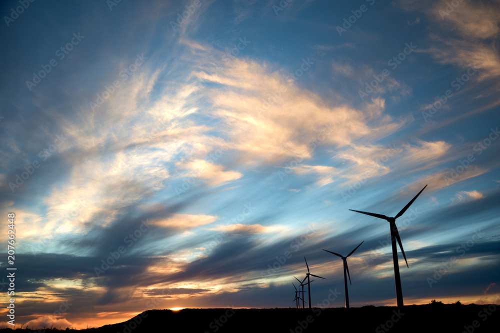 Obraz premium Windmills in sunset on Paul da Serra plain, Madeira island, Portugal