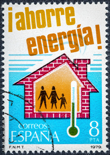 stamp printed in Spain shows Save energy