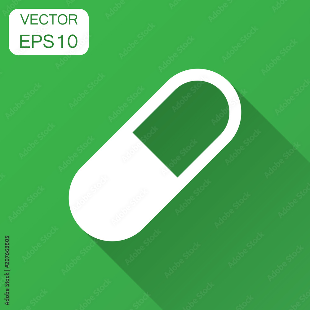 Pill vector icon in flat style. Tablet illustration with long shadow. Capsule medical concept. Pill vector icon in flat style. Tablet illustration with long shadow. Capsule medical concept.