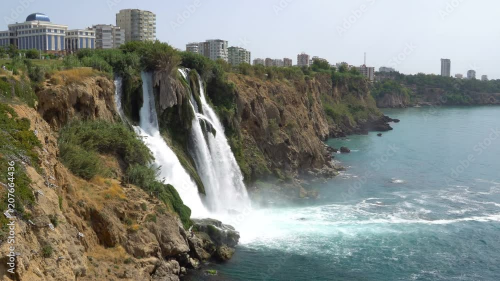 View of the Picturesque Lower Duden Waterfall Falling into the Sea in Antalya, Turkey. View of the Picturesque Lower Duden Waterfall Falling into the Sea in Antalya, Turkey.