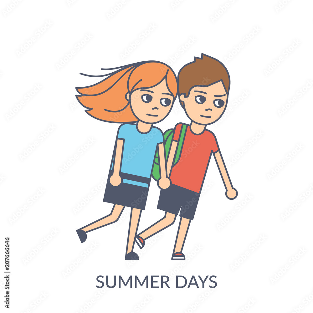 Summer couple. Cartoon flat vector illustration of young girl and boy holding hands and walking together in windy weather. Smiling teenagers isolated on white background
