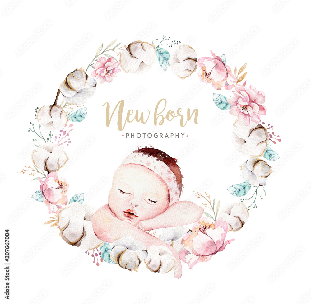 Fototapeta Cute newborn watercolor baby. New born child illustration girl and boy painting. Baby shower isolated birthday painting card.