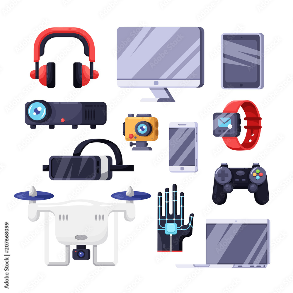 Modern wireless technologies, smart devices. Different electronic gadgets  for communication playing music photo and other functions Stock Vector  Image & Art - Alamy