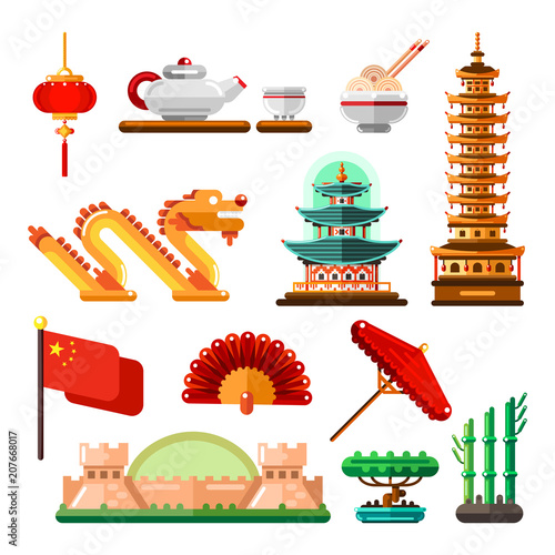 Travel to Asia, China icons and isolated design elements set. Vector Chinese culture symbols, landmarks and food