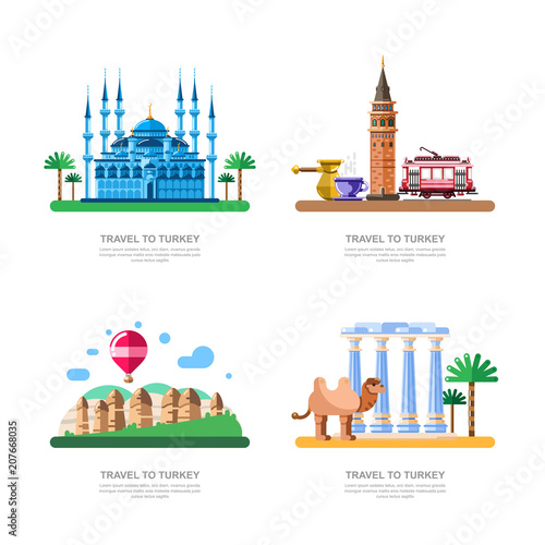 Travel to Turkey design elements. Istanbul blue mosque, Cappadocia, Galata tower vector isolated illustration