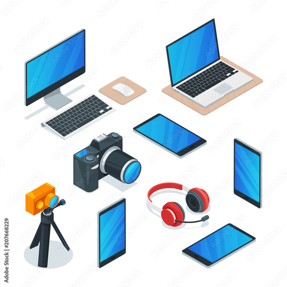Modern gadgets, multimedia, technology and electronics symbols. Vector isometric 3d isolated icons set Modern gadgets, multimedia, technology and electronics symbols. Vector isometric 3d isolated icons set