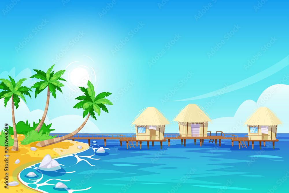 Tropical island landscape, vector illustration. Palms and bungalows in the ocean. Summer travel cartoon background.