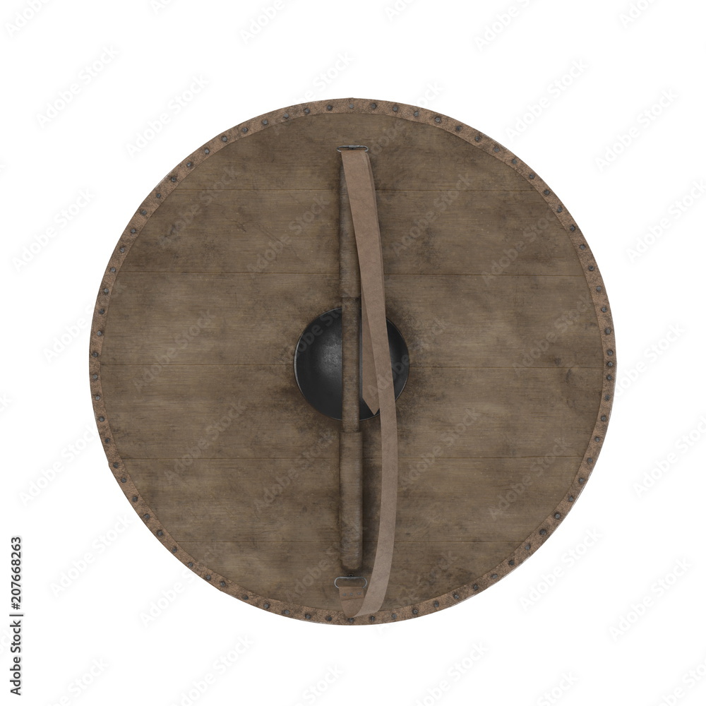 Medieval Round Wooden Shield on white. 3D illustration