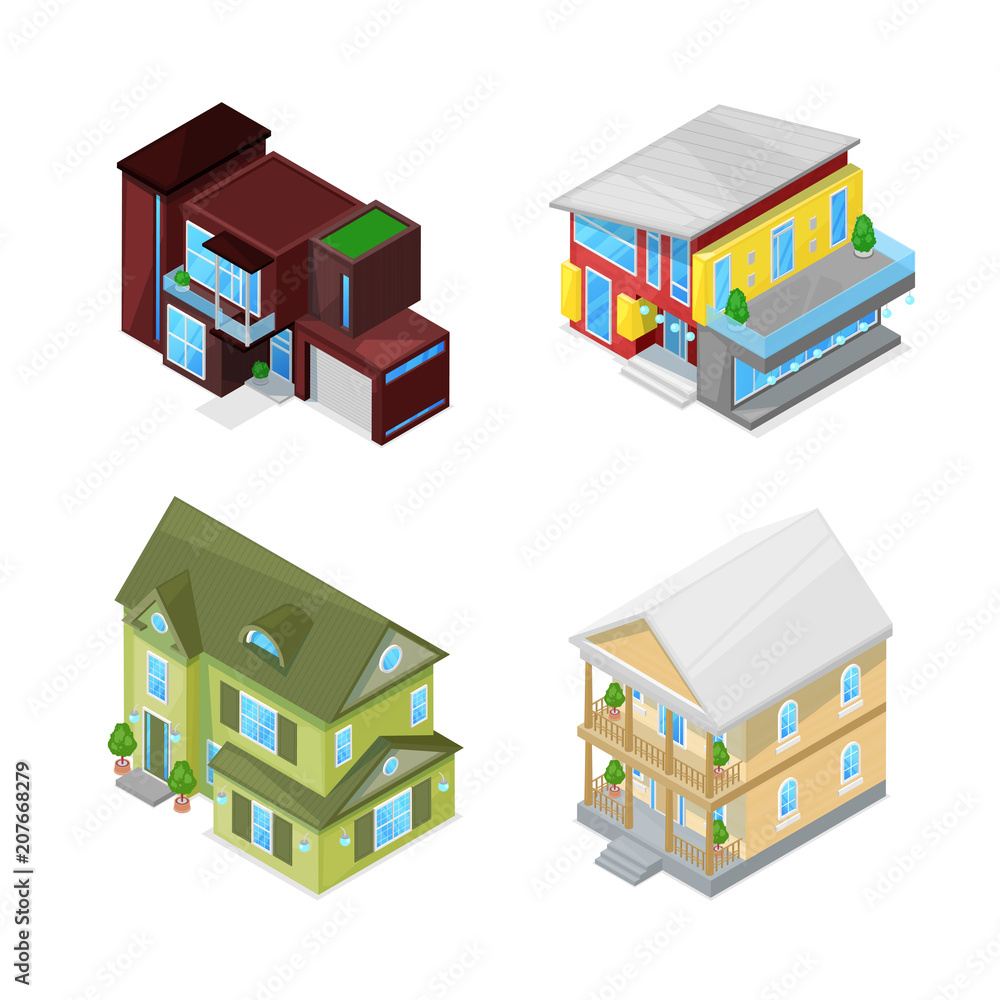Fototapeta premium Classical and modern houses set. 3d isometric style vector isolated illustration. Real estate icons