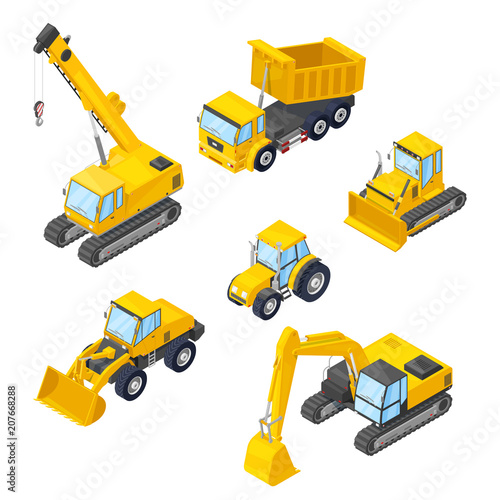 Special machinery icons. Vector 3d isometric illustrations of excavator, wheel loader, bulldozer, tractor, dumper, crane