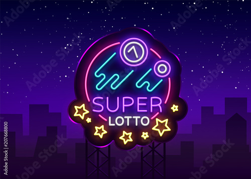 Super loto neon sign. Bingo lotto logo in a neon style, bright symbol, lototron, neon banner, bright night advertising for your projects. Vector Illustrations. Billboard