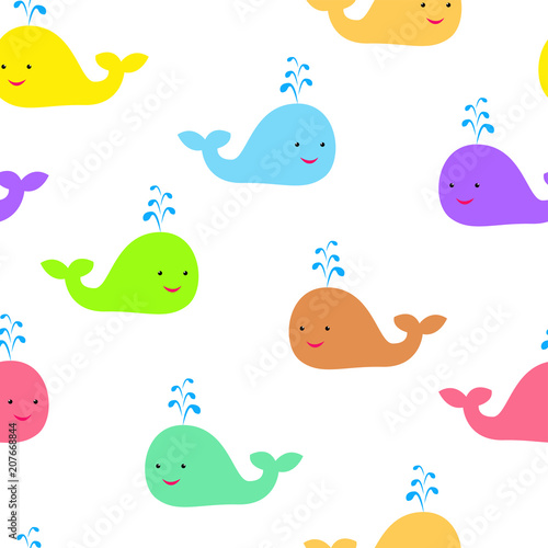 Seamless pattern with cute multi-colored colorful whales on a white background. Suitable for the design of products for children.