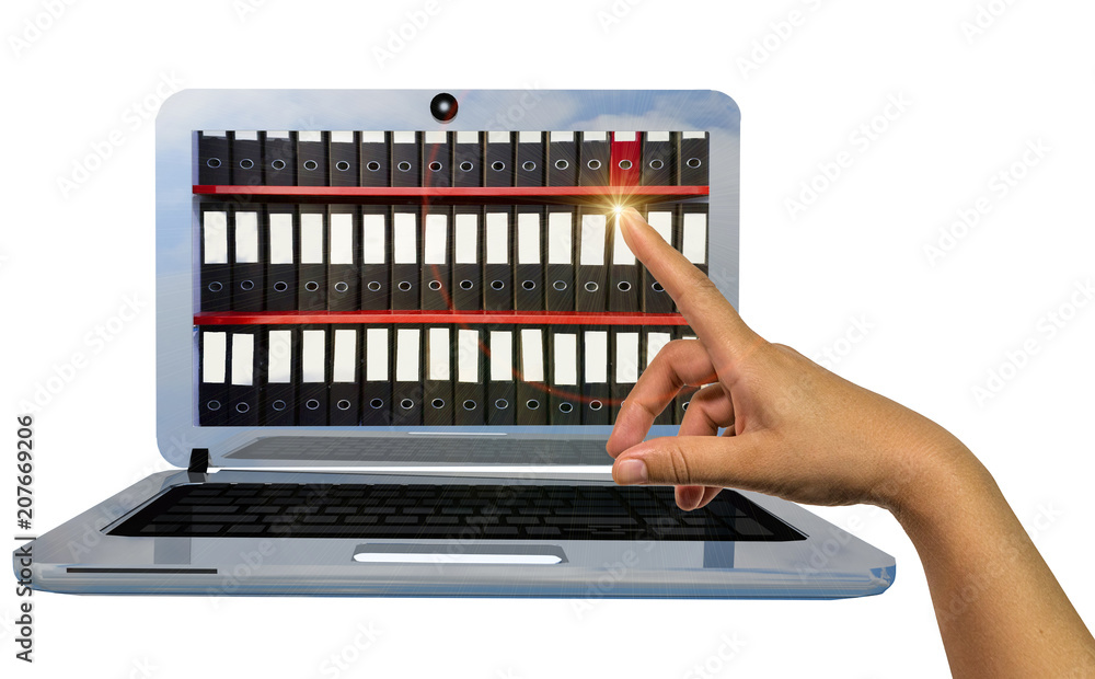 laptop files hand finger points on screen - 3d rendering laptop files hand finger points on screen - 3d rendering