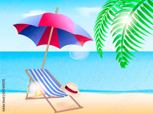 Chaise longue with a beach umbrella on the coast. Vector illustration