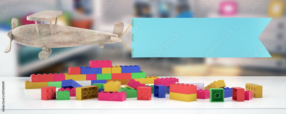 Plastic building blocks,plane and blur background - obrazy, fototapety, plakaty 