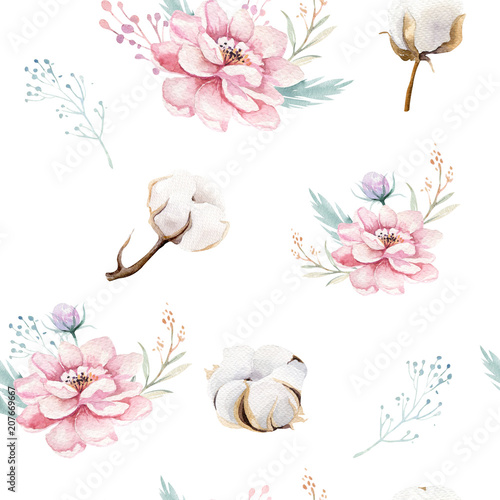 Watercolor seamless floral pattern with cotton. Bohemian natural patterns: leaves, feathers, flowers, rose boho white background. Artistic decoration illustration. Textile design