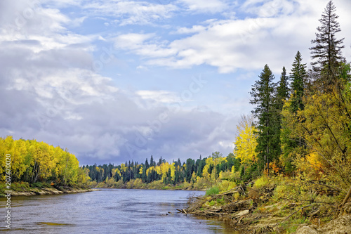Obraz na płótnie Autumn noon in the Siberian taiga, view from the river w salonie
