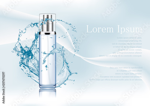 Vector illustration.Empty silver and blue package for cosmetic products with pump, tube for lotion, tonic, cream. Realistic mockup of glass container with batcher.Abstract stylish gradient background.
