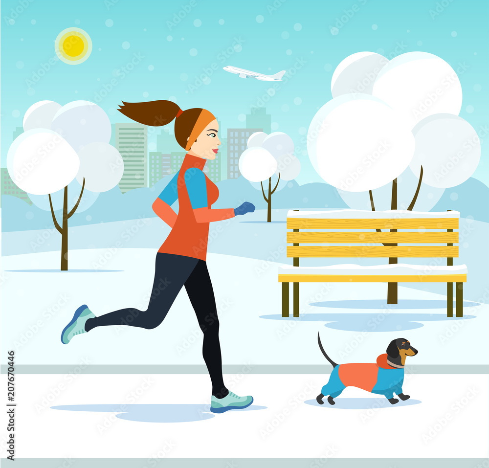 Running in winter city park. Woman with a dog running in the park. Vector flat illustration Running in winter city park. Woman with a dog running in the park. Vector flat illustration