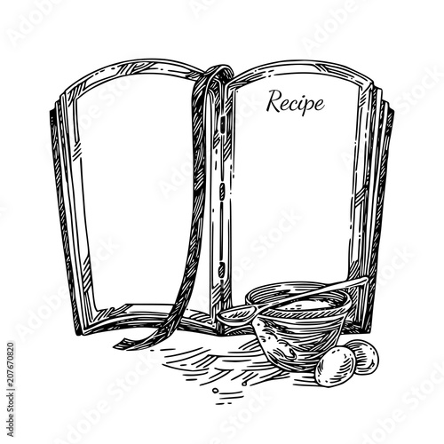 Open cookbook for recipe. Sketch. Engraving style. Vector illustration.