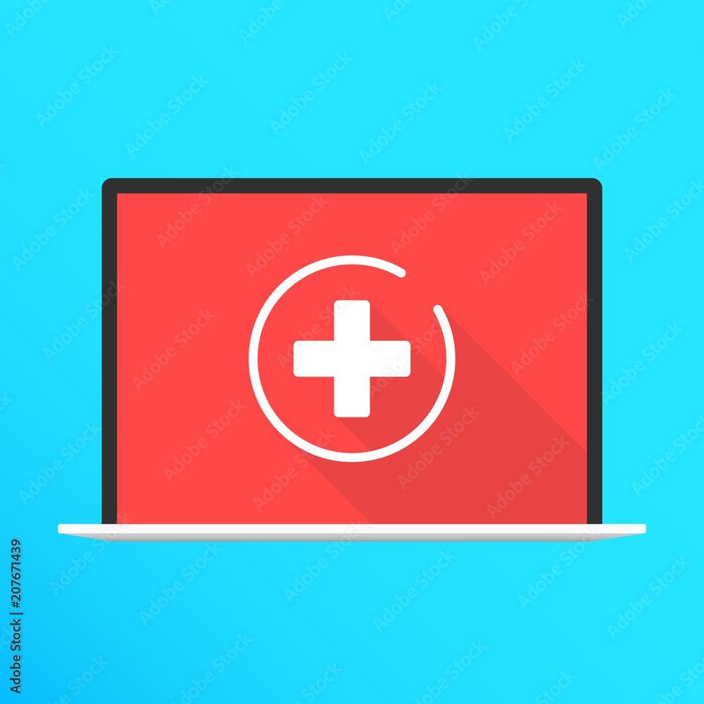 Obraz premium Laptop with medical cross on screen. Modern flat design. Vector illustration