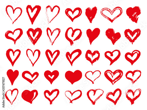 Big set of red grunge hearts. Design elements for Valentines day. Vector illustration heart shapes. Isolated on white background