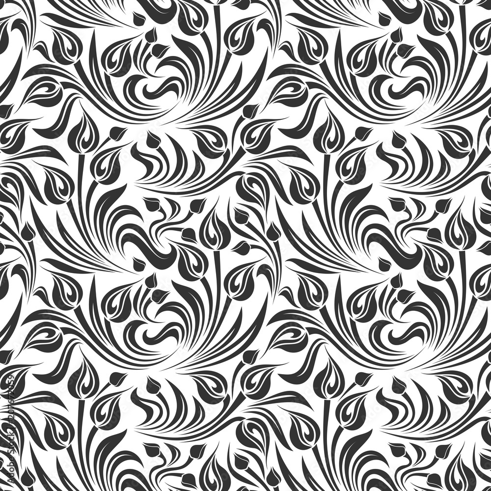 Vector seamless black and white floral pattern. Vector seamless black and white floral pattern.