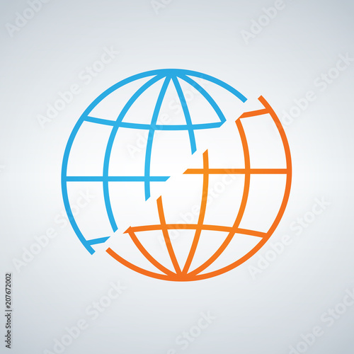Blue and orange shifted or devided world globe icon. war or peace concept. separation. Vector illustration isolated on modern background.