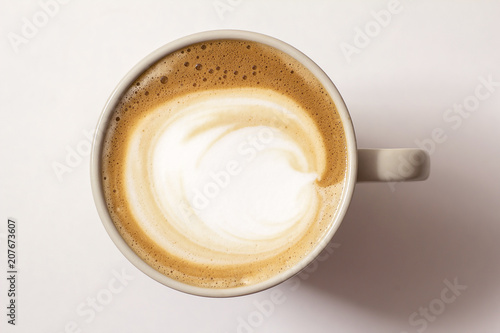 Top view of hot coffee latte cappucino cup