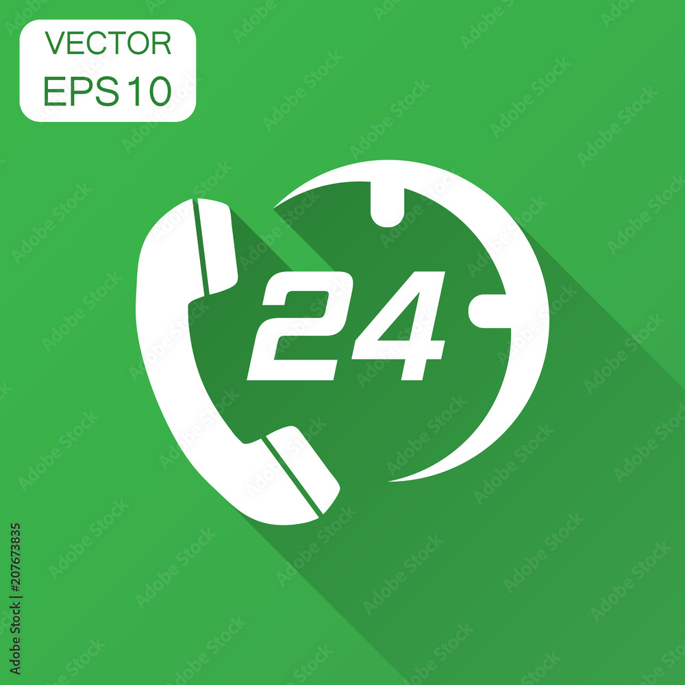 Technical support 24/7 vector icon in flat style. Phone clock help illustration with long shadow. Computer service support concept. Technical support 24/7 vector icon in flat style. Phone clock help illustration with long shadow. Computer service support concept.