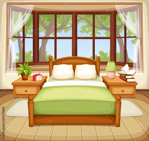 Vector illustration of a bedroom interior with a bed and a big window.