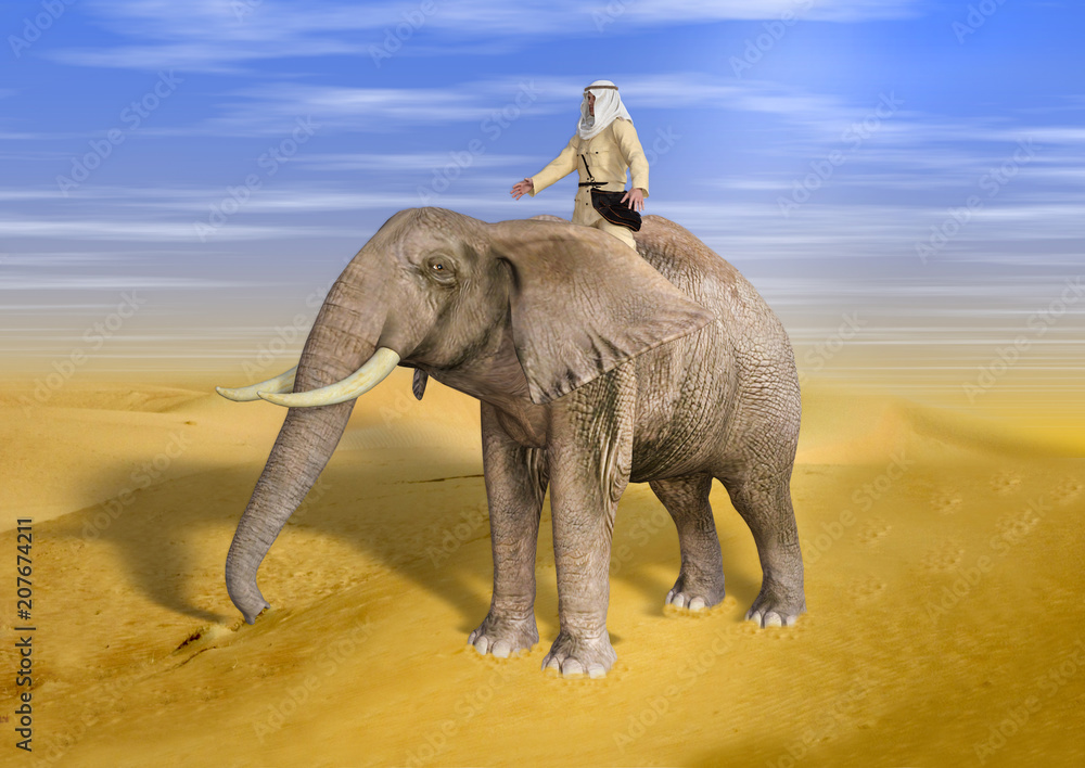 Fototapeta premium 3D Illustration of Desert Adventurer Riding Elephant on Sunny Day